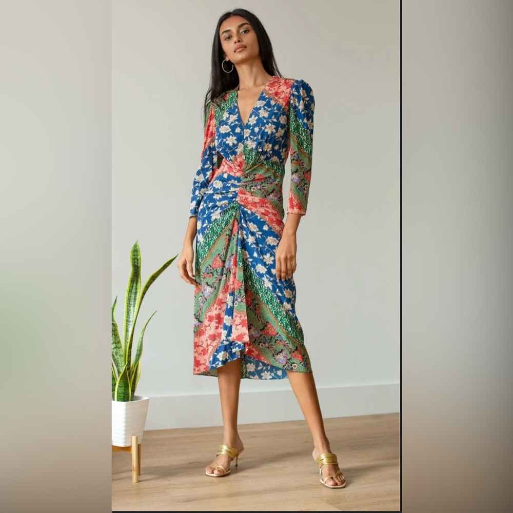 Veronica Beard Mary Ruched Patchwork 3/4 Sleeve Silk Blend Midi Dress